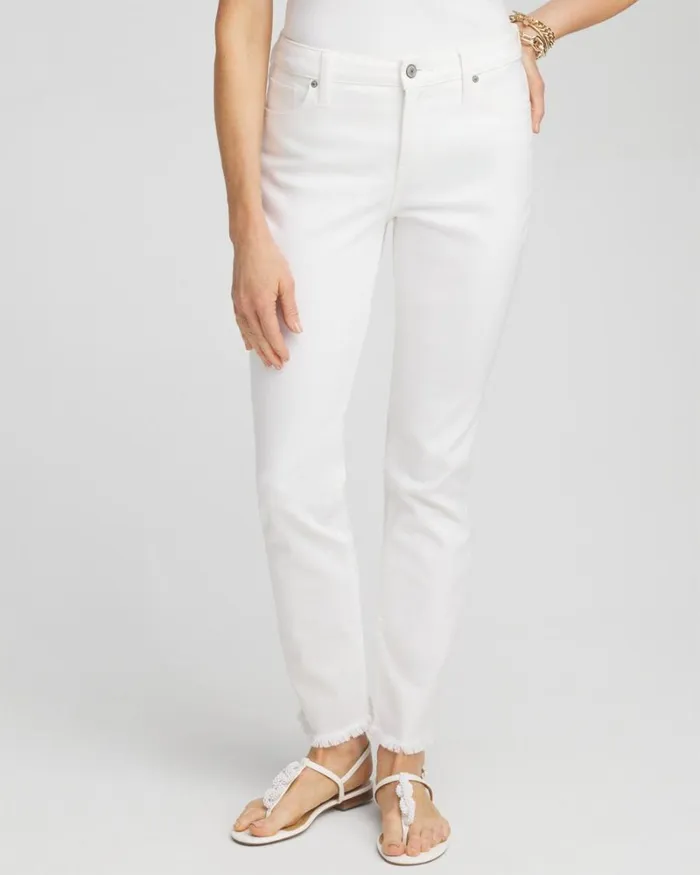 Chico039s Jeans and Denim No Stain Girlfriend Fray Hem Ankle Jeans Alabaster 8211 Clothing