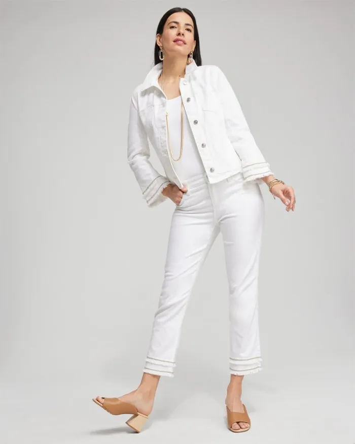 Chico039s Matching Sets No Stain Girlfriend Embellished Hem Cropped Jeans Alabaster 8211 Clothing