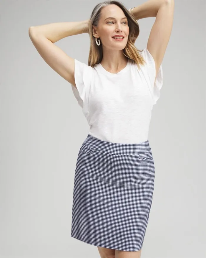 Chico039s Skirts Brigitte PullOn Gingham Skort Alabasterblue 8211 Clothing