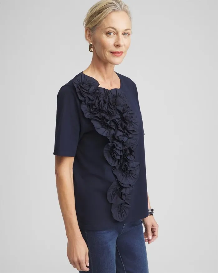 Chico039s Tops 3D Floral Applique Ruffle Tee Classic Navy 8211 Clothing