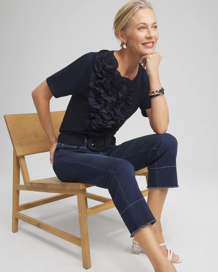 Chico039s Tops 3D Floral Applique Ruffle Tee Classic Navy 8211 Clothing