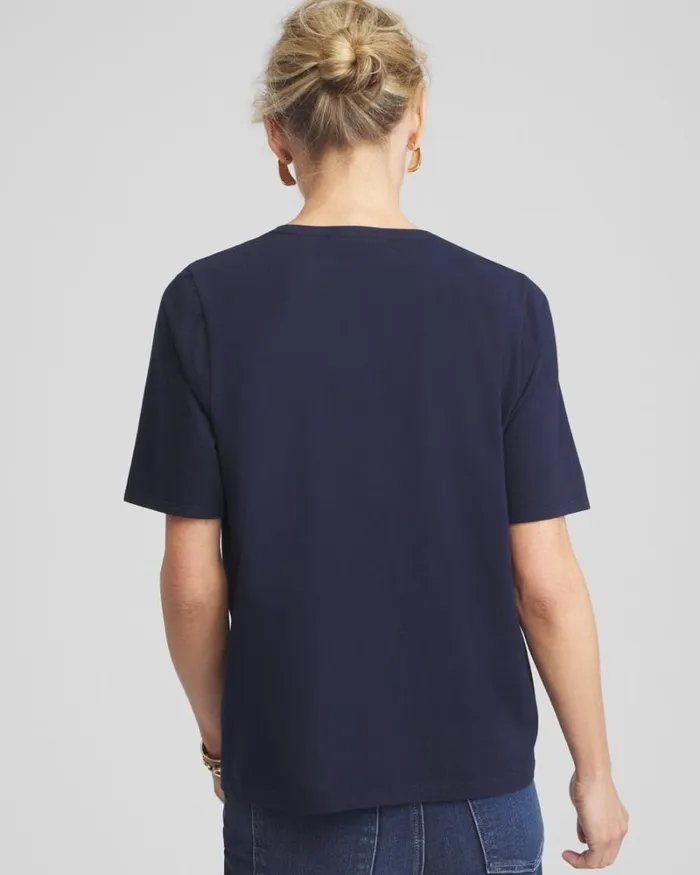 Chico039s Tops 3D Floral Applique Ruffle Tee Classic Navy 8211 Clothing