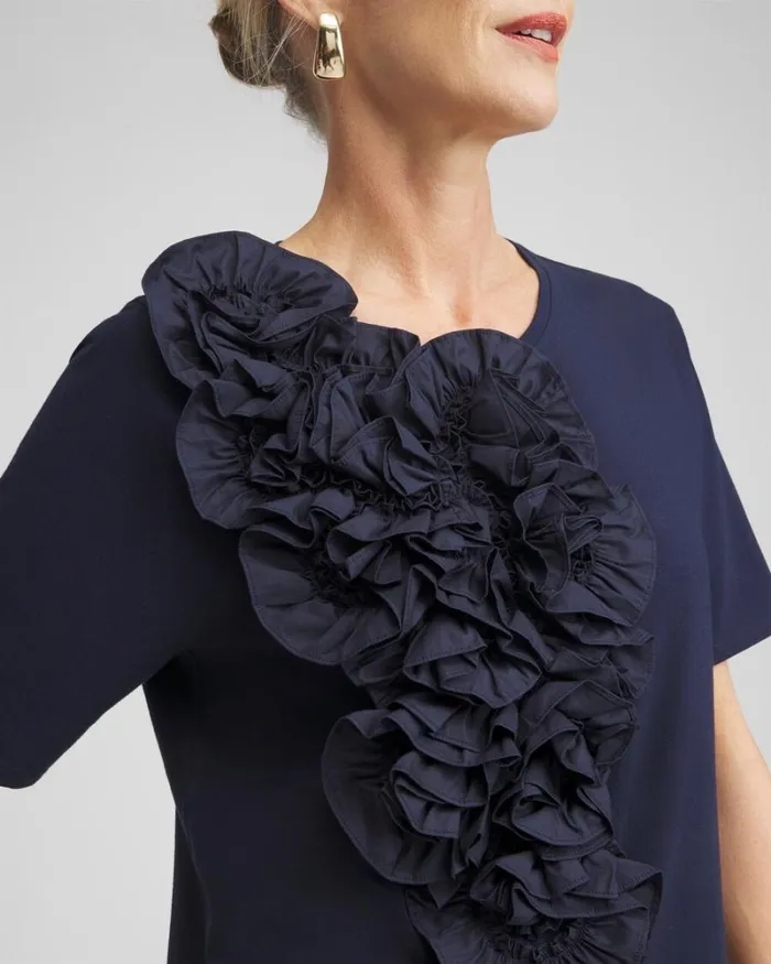 Chico039s Tops 3D Floral Applique Ruffle Tee Classic Navy 8211 Clothing