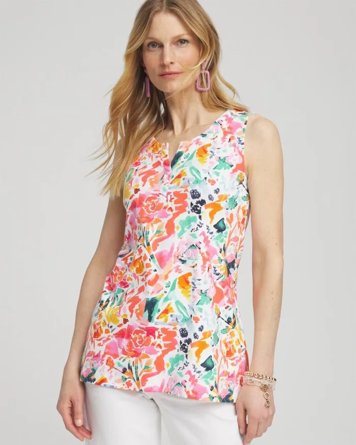 Chico039s Tops Abstract Notch Neck Tank Watermelon Punch 8211 Clothing