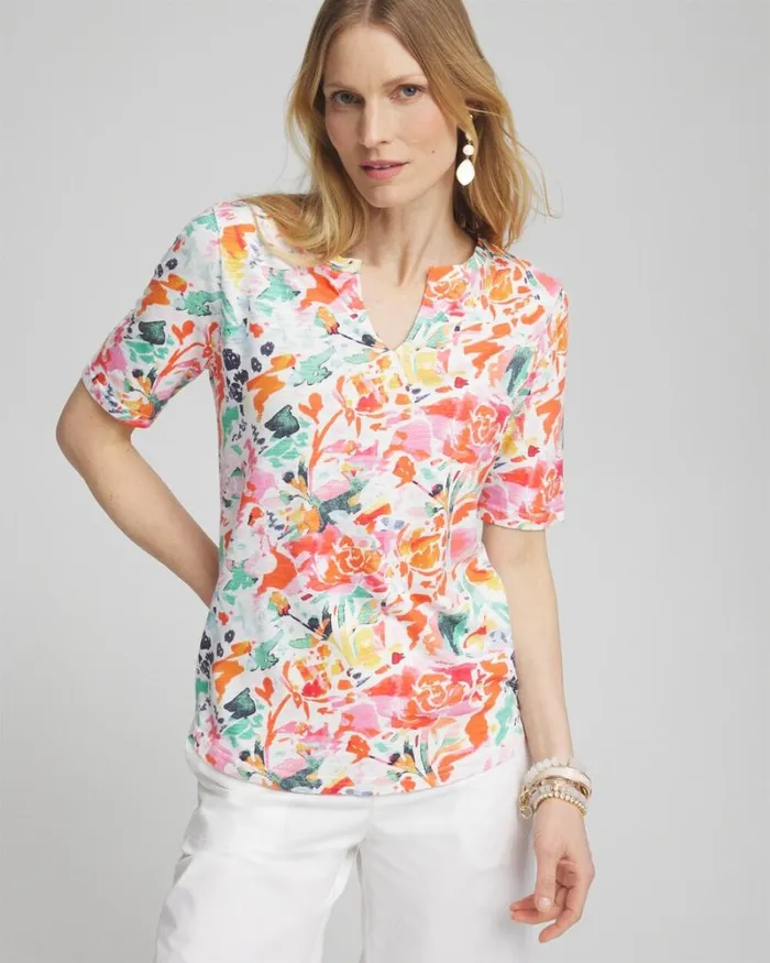 Chico039s Tops Abstract Notch Neck Tee Watermelon Punch 8211 Clothing