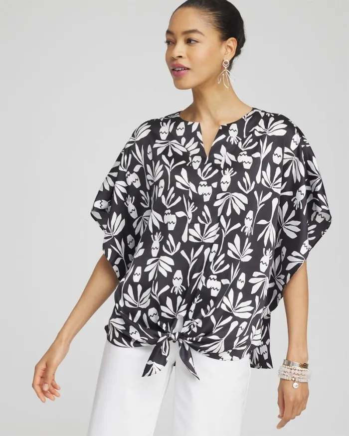 Chico039s Tops Artisan Satin TieFront Tunic Black 8211 Clothing