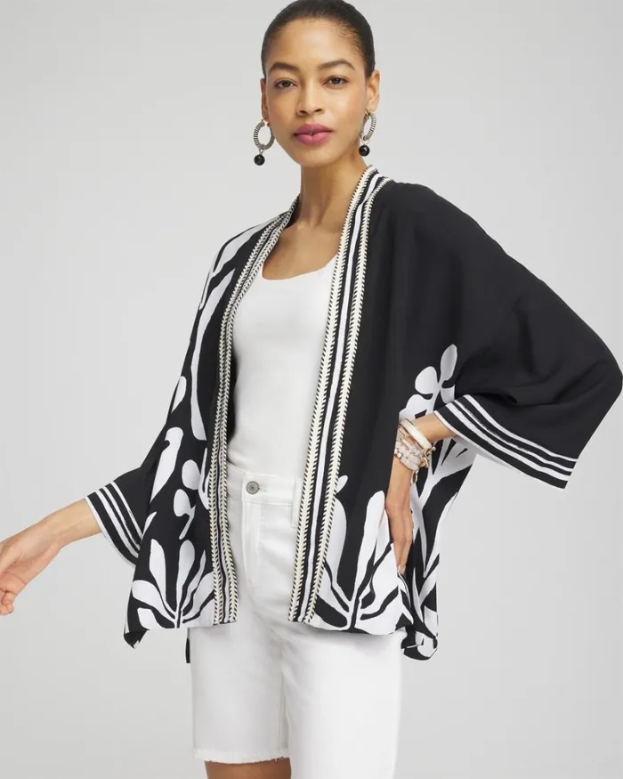Chico039s Tops Black and White Floral Kimono Black 8211 Clothing