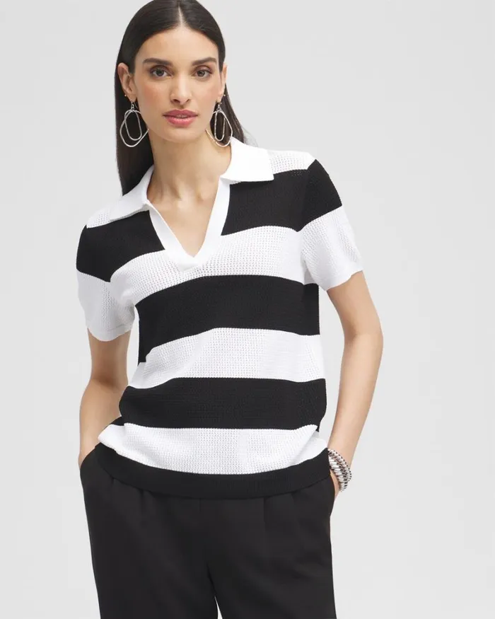 Chico039s Tops Black Label Fine Knit Polo Blackalabaster 8211 Clothing