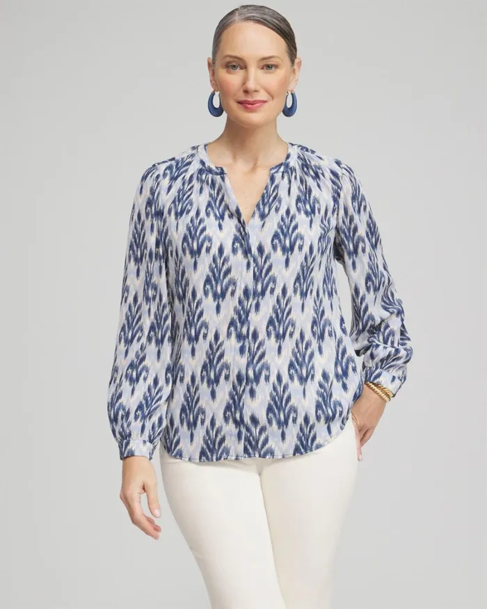 Chico039s Tops Chiffon Ikat Print Blouse French Blue 8211 Clothing