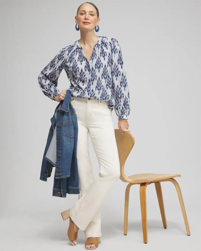 Chico039s Tops Chiffon Ikat Print Blouse French Blue 8211 Clothing