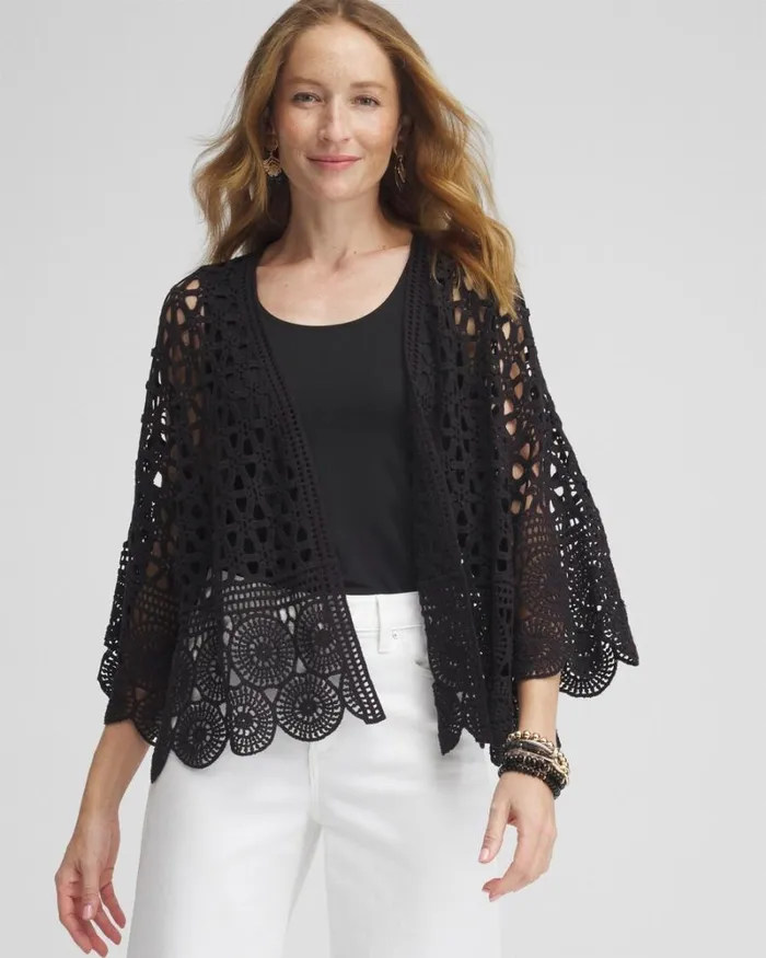 Chico039s Tops Crochet Cotton Kimono Black 8211 Clothing