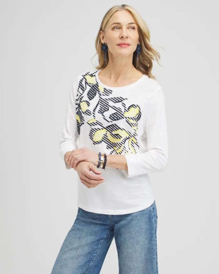 Chico039s Tops Embroidered 34 Sleeve Tee Alabaster 8211 Clothing