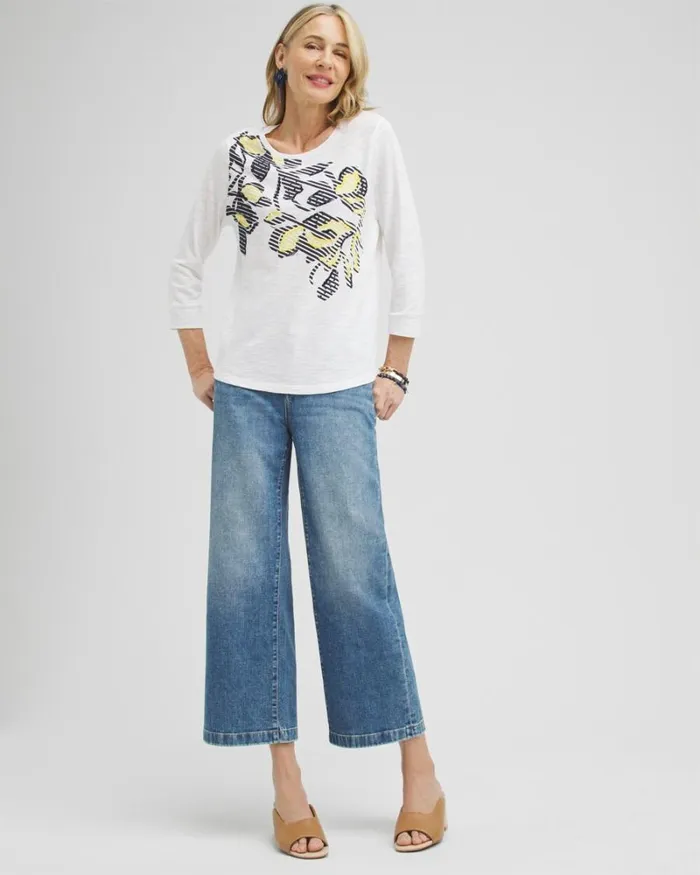 Chico039s Tops Embroidered 34 Sleeve Tee Alabaster 8211 Clothing