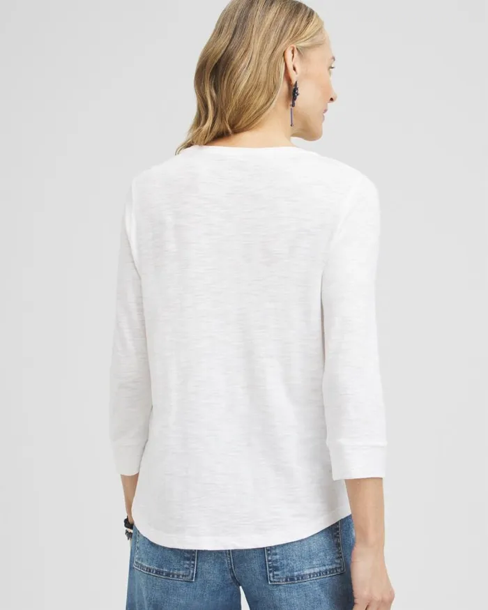 Chico039s Tops Embroidered 34 Sleeve Tee Alabaster 8211 Clothing