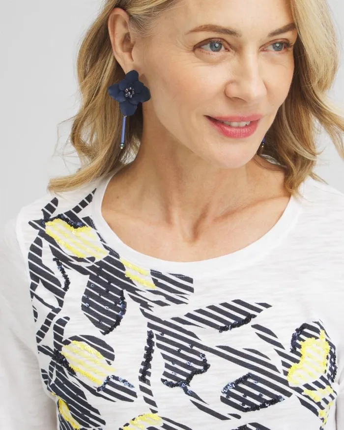 Chico039s Tops Embroidered 34 Sleeve Tee Alabaster 8211 Clothing