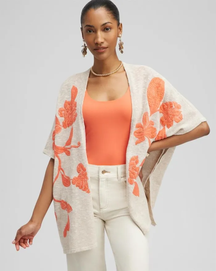 Chico039s Tops Embroidered Knit Ruana Neutral 8211 Clothing