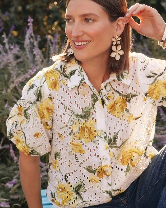 Chico039s Tops Floral Eyelet Shirt Lemon Blossom 8211 Clothing