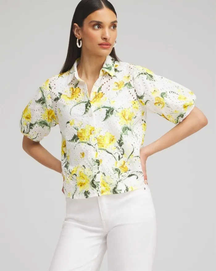 Chico039s Tops Floral Eyelet Shirt Lemon Blossom 8211 Clothing