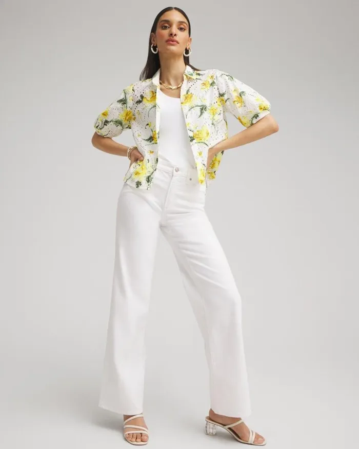 Chico039s Tops Floral Eyelet Shirt Lemon Blossom 8211 Clothing