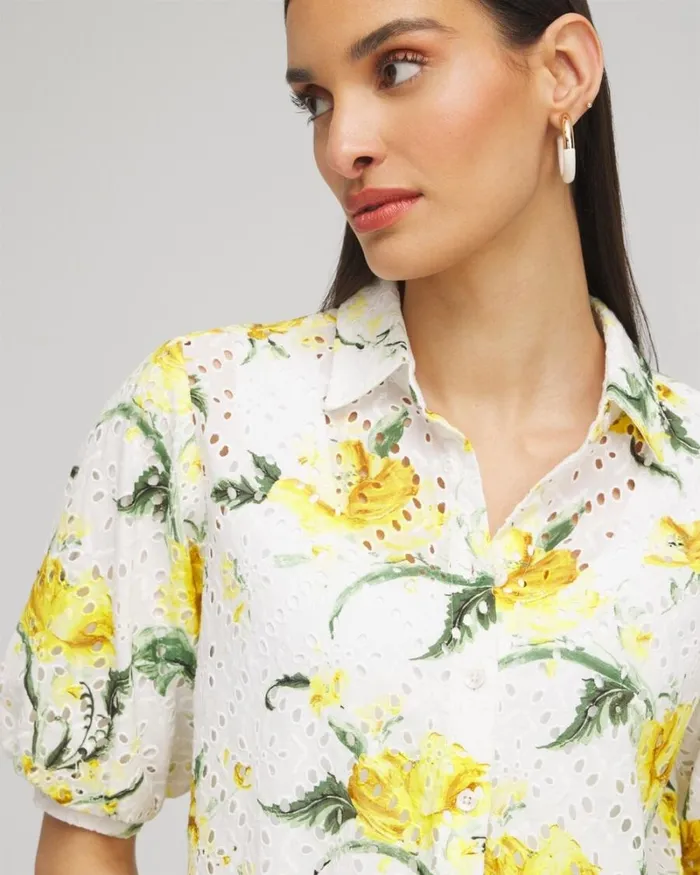 Chico039s Tops Floral Eyelet Shirt Lemon Blossom 8211 Clothing