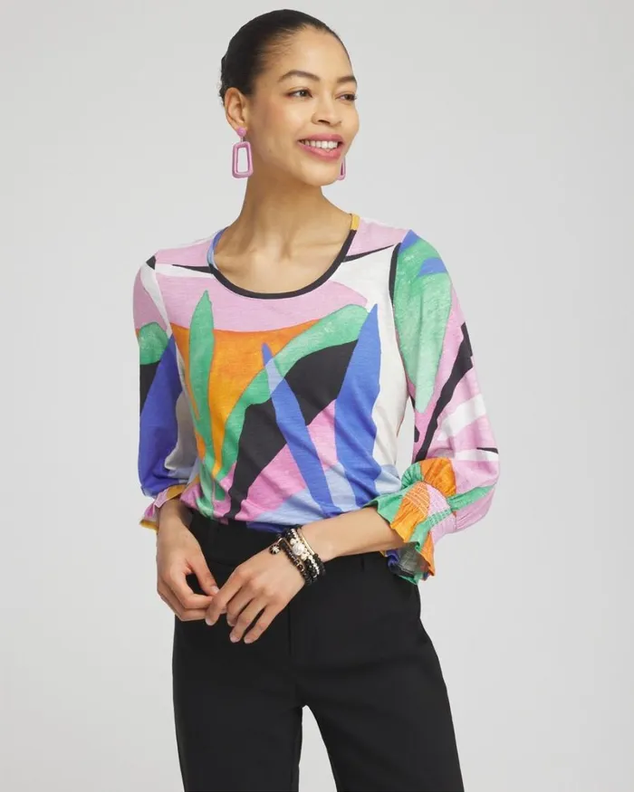 Chico039s Tops Floral Smocked 34 Sleeve Tee Grassy Green 8211 Clothing