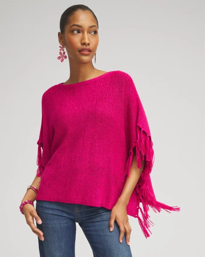 Chico039s Tops Fringe Knit Poncho Magenta Rose 8211 Clothing