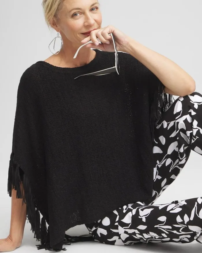 Chico039s Tops Fringe Knit Poncho Magenta Rose 8211 Clothing