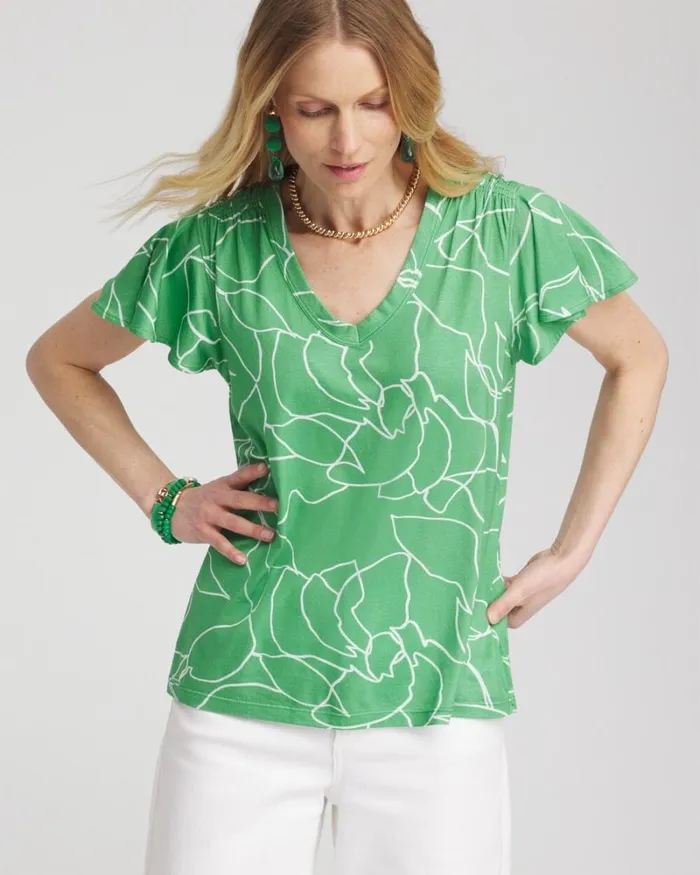Chico039s Tops Green Lines Flutter Sleeve Tee Grassy Green 8211 Clothing