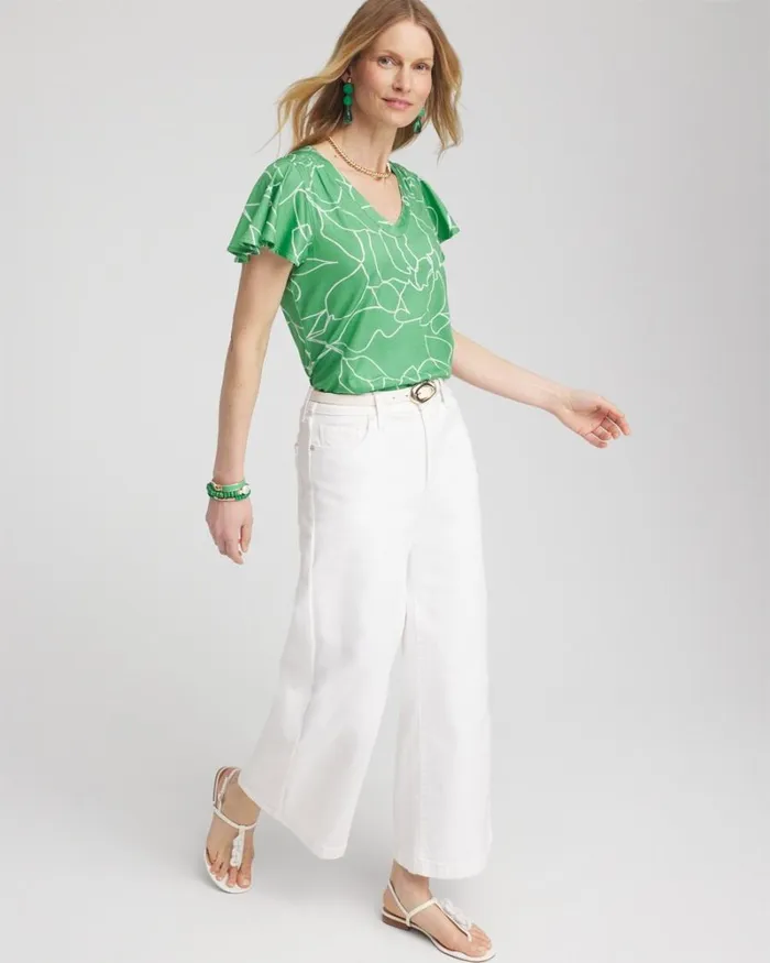 Chico039s Tops Green Lines Flutter Sleeve Tee Grassy Green 8211 Clothing