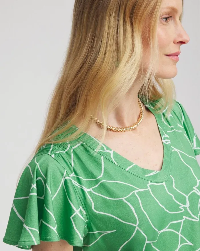 Chico039s Tops Green Lines Flutter Sleeve Tee Grassy Green 8211 Clothing