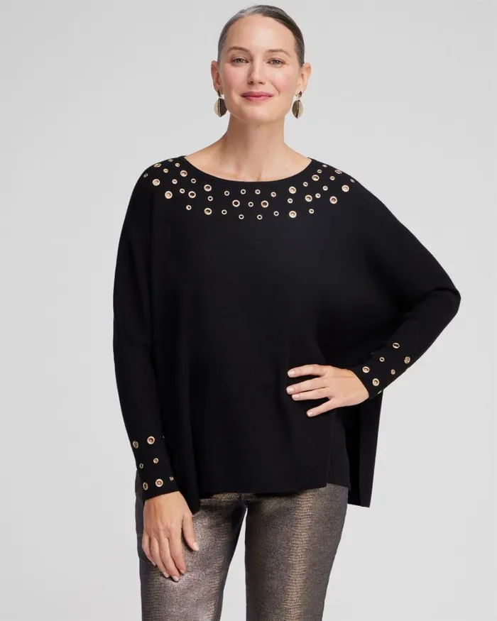 Chico039s Tops Grommet Detail Sweater Poncho Black 8211 Clothing