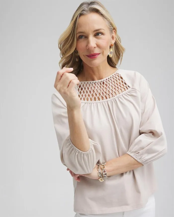 Chico039s Tops Lattice Detail Top Smokey Taupe 8211 Clothing