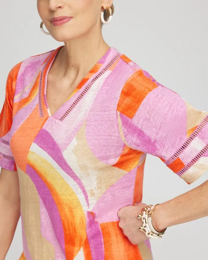 Chico039s Tops Linen Abstract Lace Detail Top Nectarine 8211 Clothing
