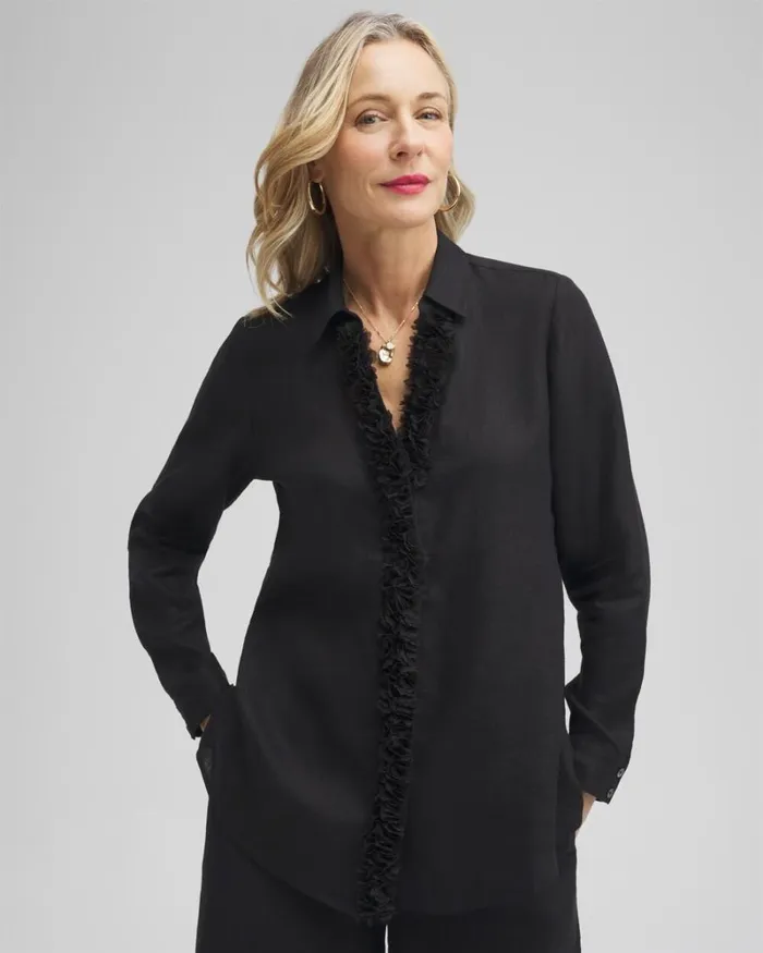 Chico039s Tops Linen Floral Applique Tunic Black 8211 Clothing