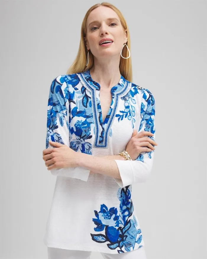 Chico039s Tops Linen Floral Embellished Tunic Intense Azure 8211 Clothing