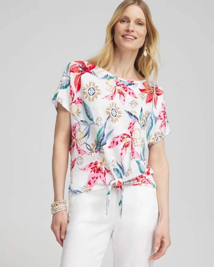 Chico039s Tops Linen Floral Tie Front Tee Delightful Pink 8211 Clothing