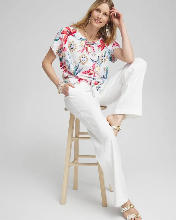 Chico039s Tops Linen Floral Tie Front Tee Delightful Pink 8211 Clothing