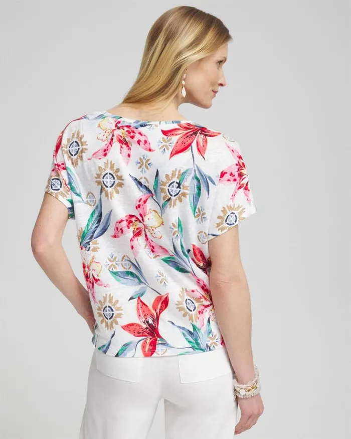Chico039s Tops Linen Floral Tie Front Tee Delightful Pink 8211 Clothing