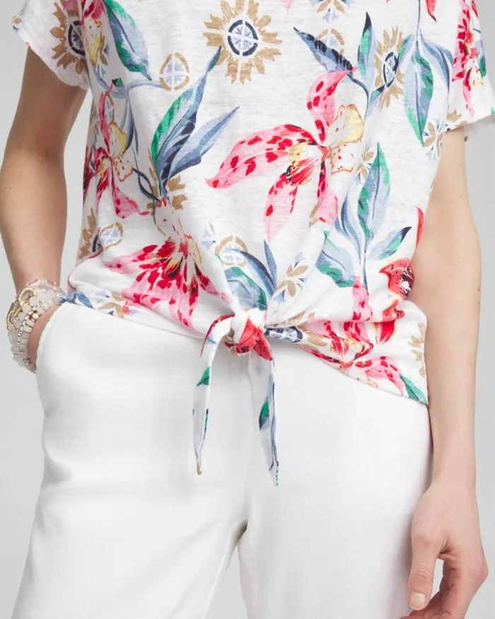 Chico039s Tops Linen Floral Tie Front Tee Delightful Pink 8211 Clothing