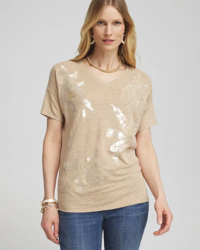 Chico039s Tops Neutral Sequin Embellished Tee Sycamore 8211 Clothing