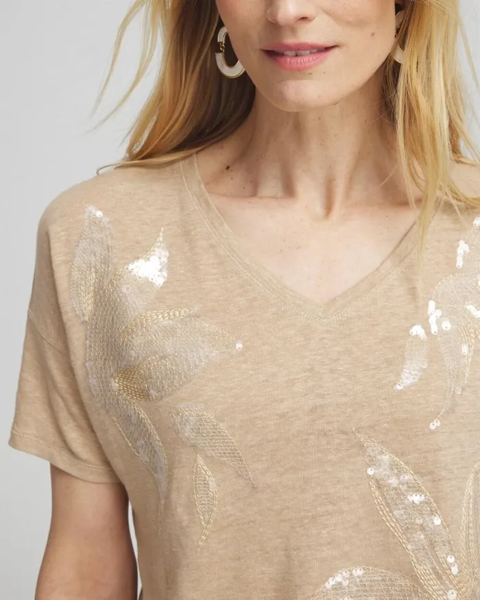 Chico039s Tops Neutral Sequin Embellished Tee Sycamore 8211 Clothing