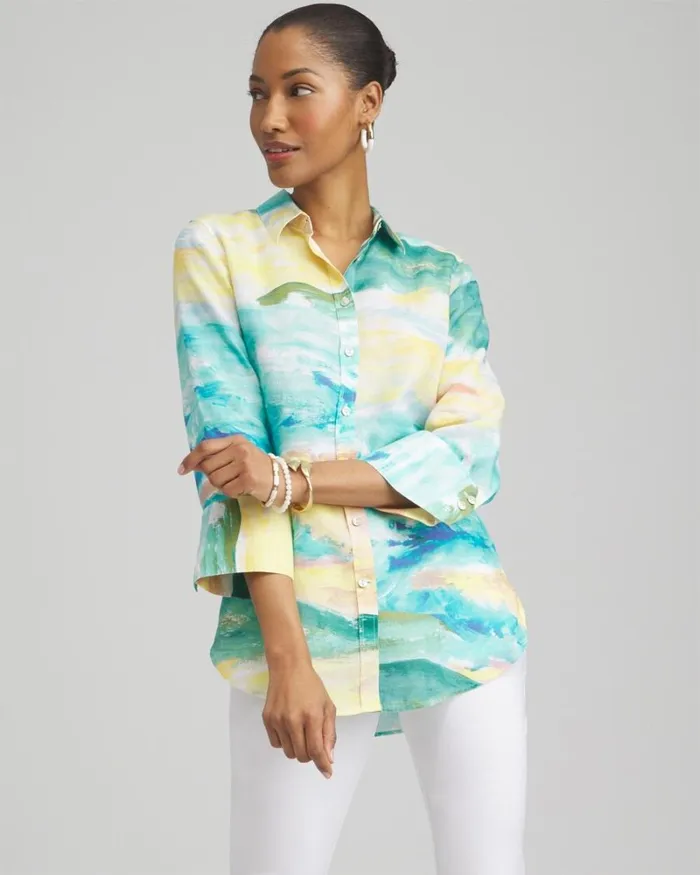 Chico039s Tops No Iron Linen Watercolor 34 Sleeve Shirt Cool Water 8211 Clothing Chico039s Tops No Iron Linen Watercolor 34 Sleeve Shirt Cool Water 8211 Clothing