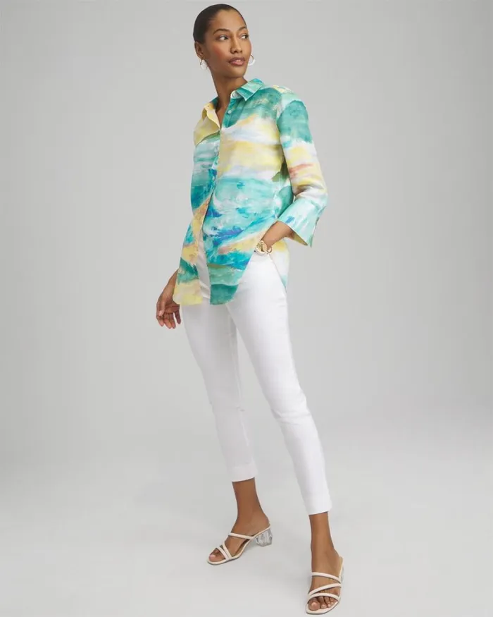 Chico039s Tops No Iron Linen Watercolor 34 Sleeve Shirt Cool Water 8211 Clothing Chico039s Tops No Iron Linen Watercolor 34 Sleeve Shirt Cool Water 8211 Clothing