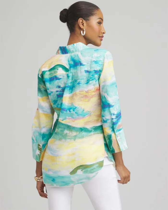 Chico039s Tops No Iron Linen Watercolor 34 Sleeve Shirt Cool Water 8211 Clothing Chico039s Tops No Iron Linen Watercolor 34 Sleeve Shirt Cool Water 8211 Clothing