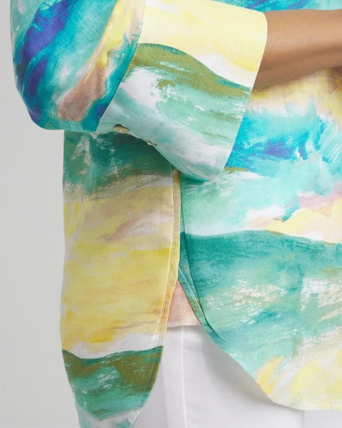 Chico039s Tops No Iron Linen Watercolor 34 Sleeve Shirt Cool Water 8211 Clothing Chico039s Tops No Iron Linen Watercolor 34 Sleeve Shirt Cool Water 8211 Clothing
