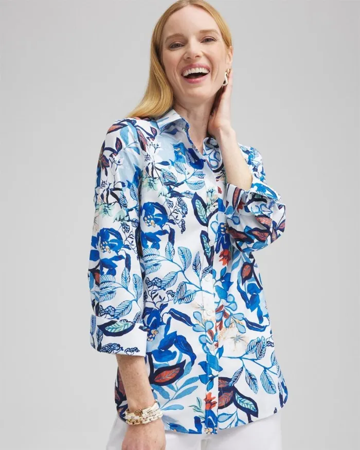 Chico039s Tops No Iron Stretch Cool Floral Shirt Intense Azure 8211 Clothing