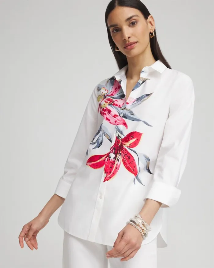 Chico039s Tops No Iron Stretch Floral Shirt Optic White 8211 Clothing