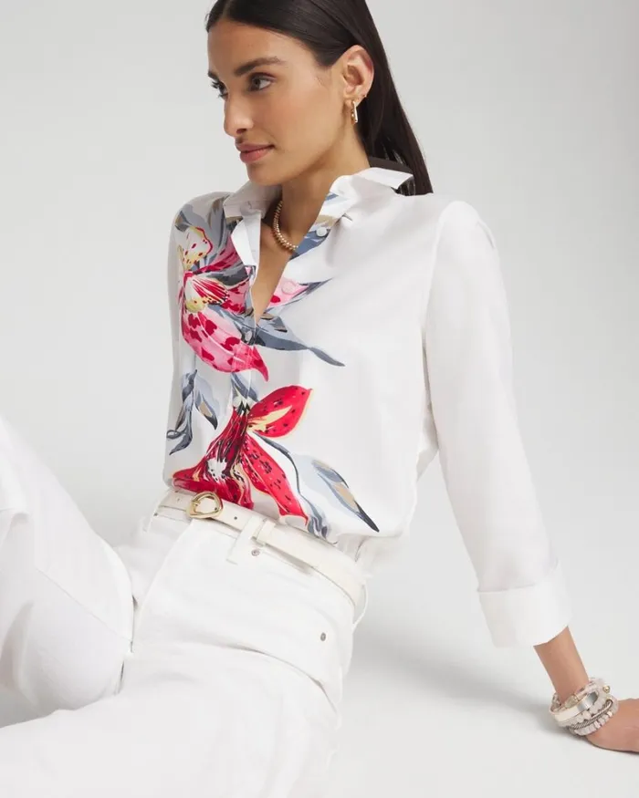 Chico039s Tops No Iron Stretch Floral Shirt Optic White 8211 Clothing