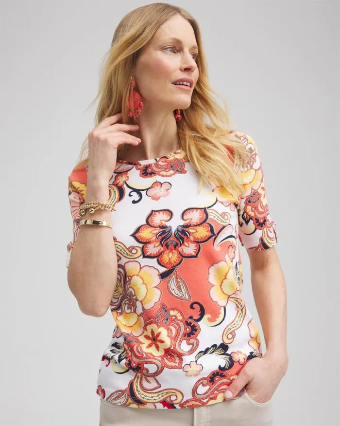 Chico039s Tops Paisley Elbow Sleeve Cotton Tee Nectarine 8211 Clothing
