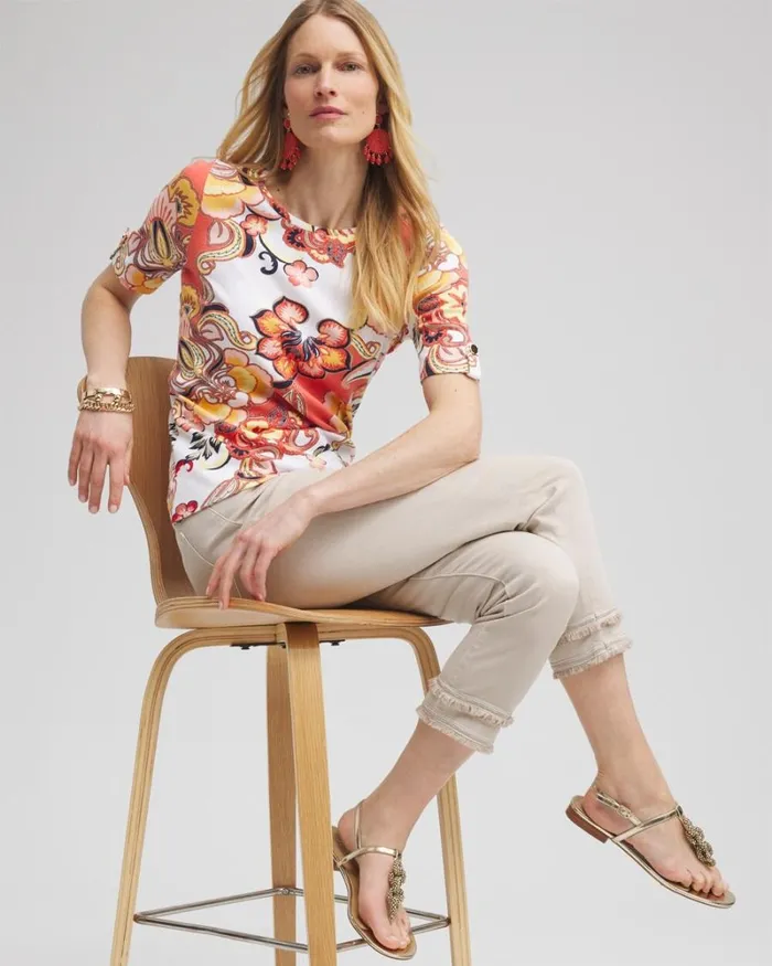 Chico039s Tops Paisley Elbow Sleeve Cotton Tee Nectarine 8211 Clothing